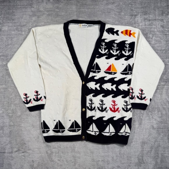 Aston Sweaters - Vintage Nautical Cardigan Womens Medium White Navy Anchor Sailboat Coastal Knit